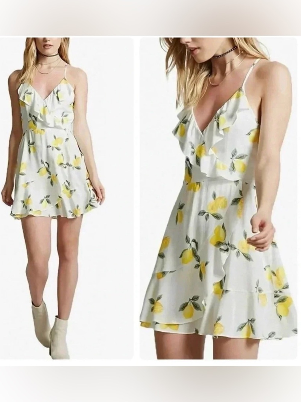 Japna Lemon Print Ruffle Mini Dress White Yellow Summer Sundress Boho Large